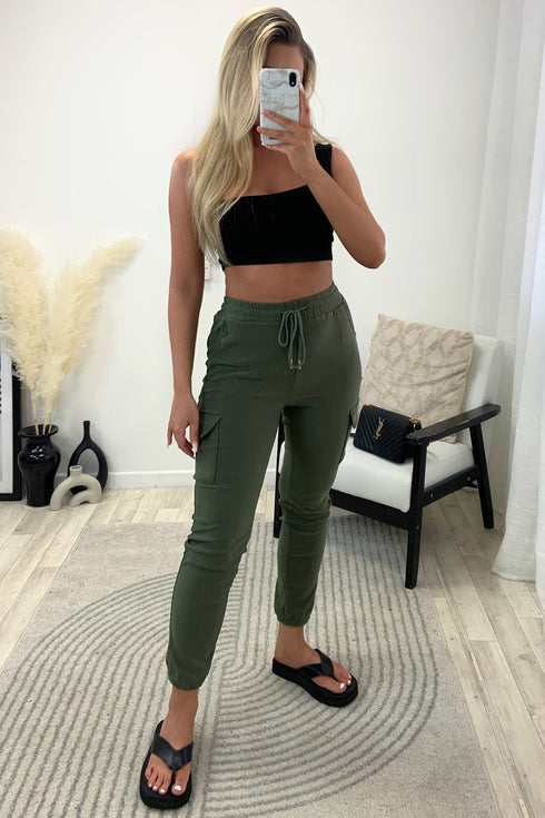 Nicky Khaki High Waisted Pocket Detail Cargo Jogger Trousers