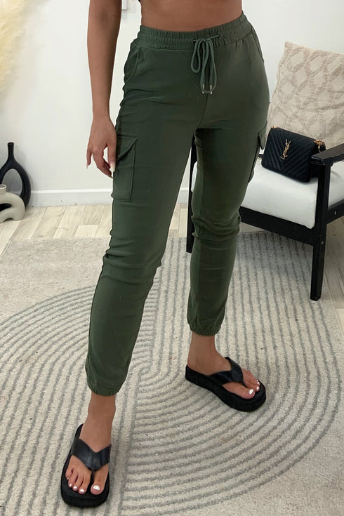 Nicky Khaki High Waisted Pocket Detail Cargo Jogger Trousers