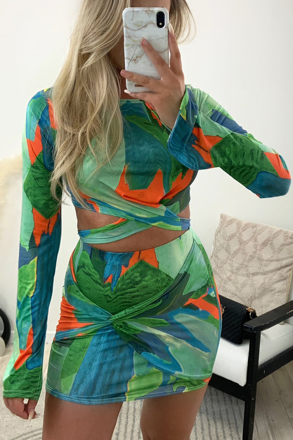 Sonia Green and Orange Printed Wrap Top and Knot Skirt Co-Ord Set