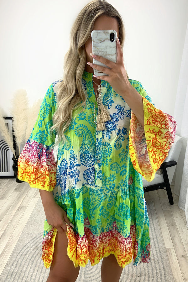 Jadey Green Multi Paisley Print Oversized Frill Hem Kaftan Top