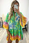 Jadey Green Multi Paisley Print Oversized Frill Hem Kaftan Top