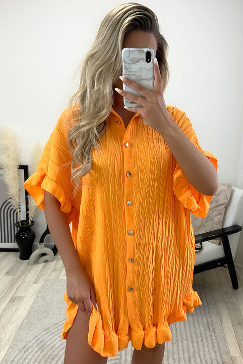 Macie Orange Textured Frill Hem Button Up Shirt Dress