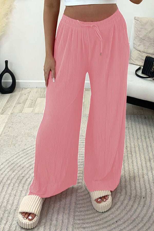 Tanya Pink Plisse High Waisted Drawstring Wide Leg Trousers