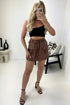 Nara Brown Faux Leather PU Tie Front Belted High Waisted Cargo Skort
