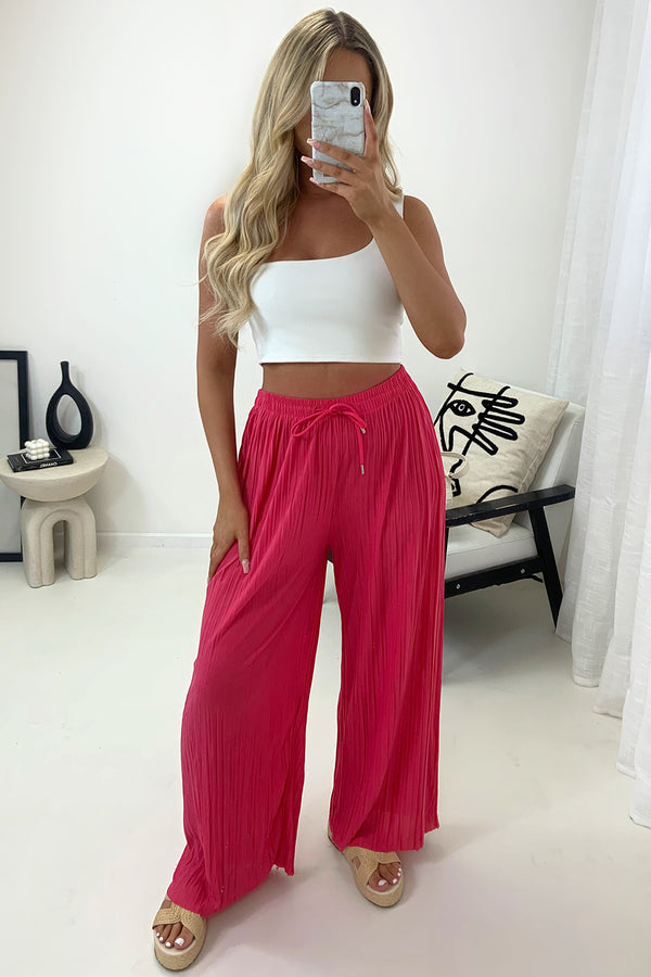 Zoelle Hot Pink Pleated Plisse High Waisted Wide Leg Trousers