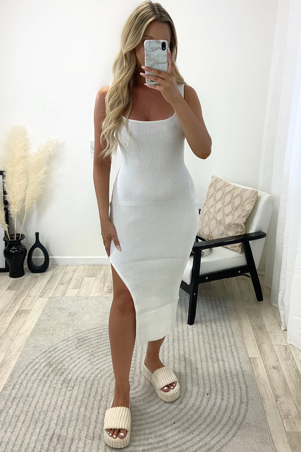 Kelis White Square Neck Ribbed Split Hem Midi Dress