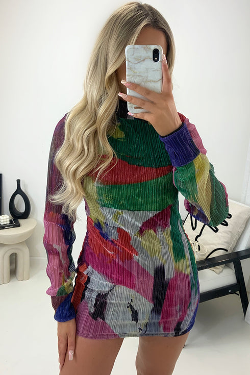 Zayna Multi Printed High Neck Plisse Mini Dress