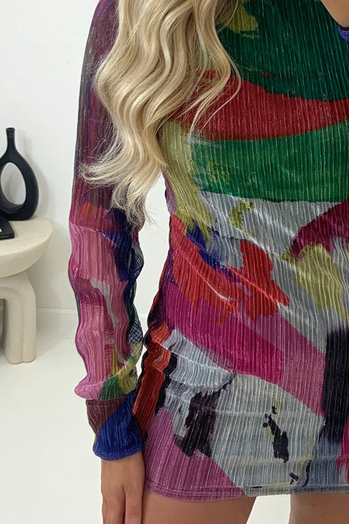 Zayna Multi Printed High Neck Plisse Mini Dress