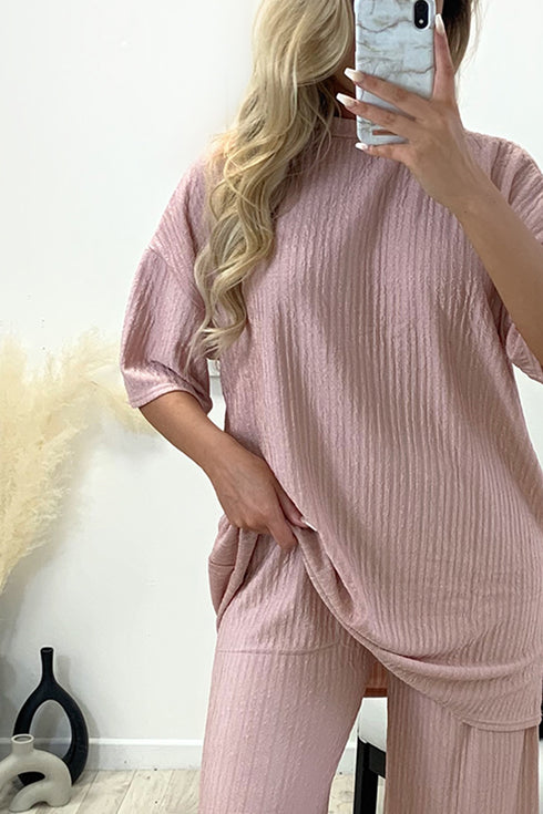 Julia Pink Textured Oversized Top and Wide Leg Trousers Co-Ord Set