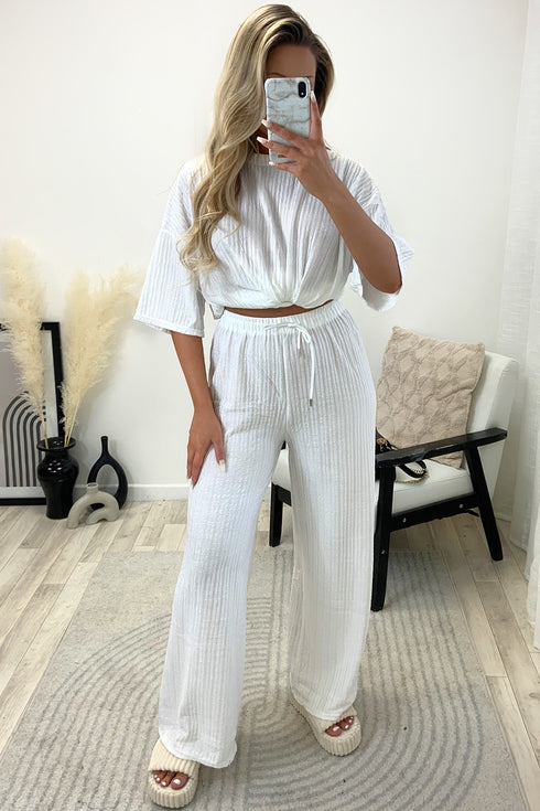 Julia White Textured Oversized Top and Wide Leg Trousers Co-Ord Set