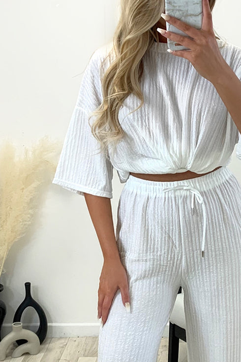Julia White Textured Oversized Top and Wide Leg Trousers Co-Ord Set