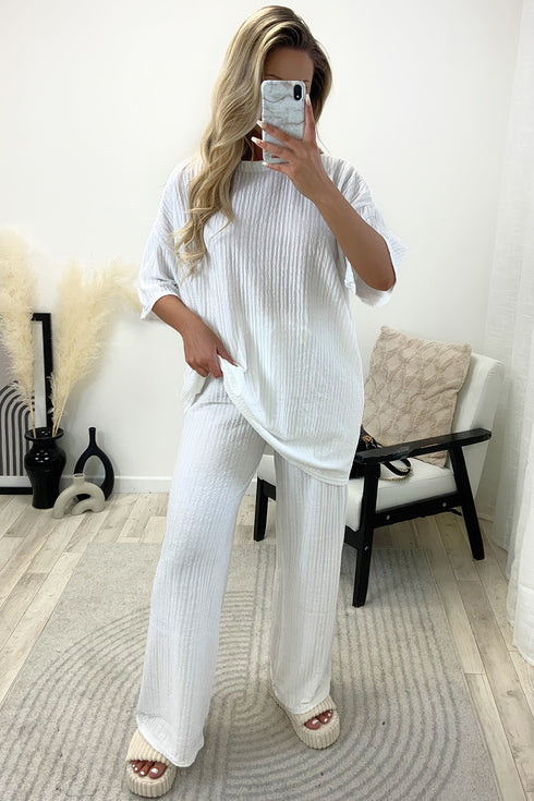 Julia White Textured Oversized Top and Wide Leg Trousers Co-Ord Set