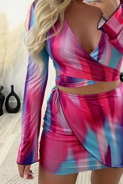 Kerrie Multi Printed Tie Front Crop Top and Mini Skirt Co-Ord Set