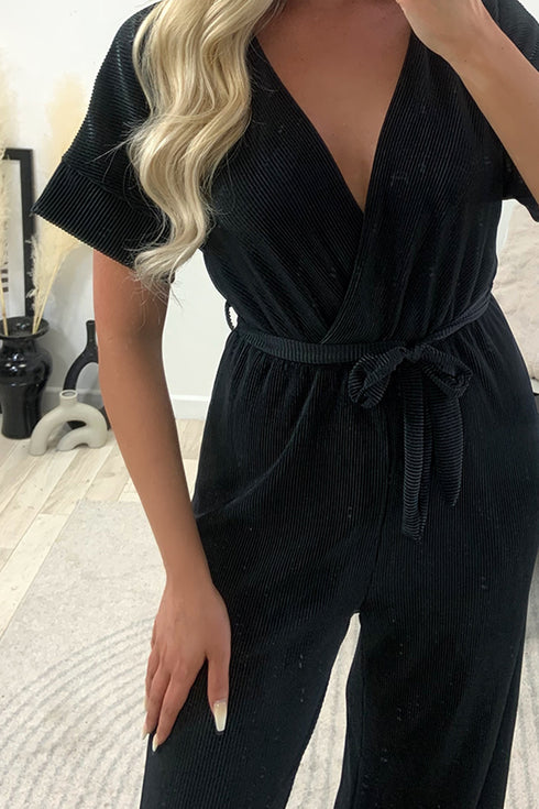 Danica Black Tie Belt Wrap Plisse Wide Leg Jumpsuit