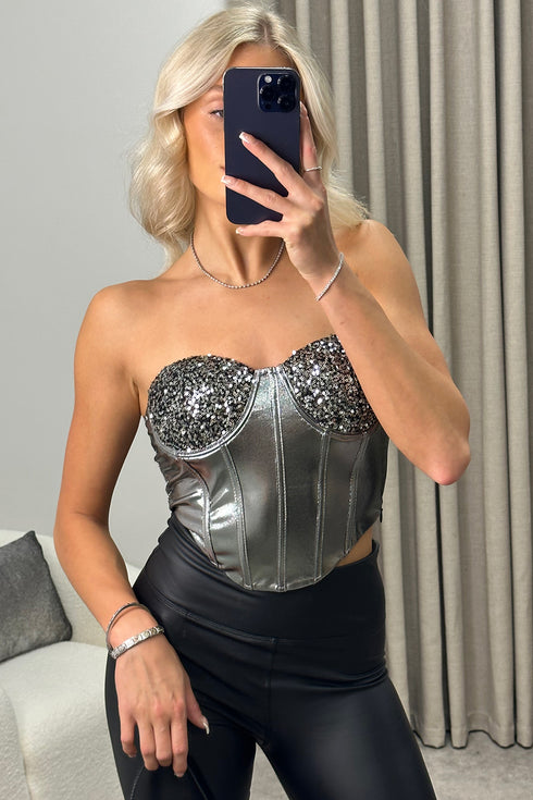 Arlene Silver Sequin Metallic Corset Top