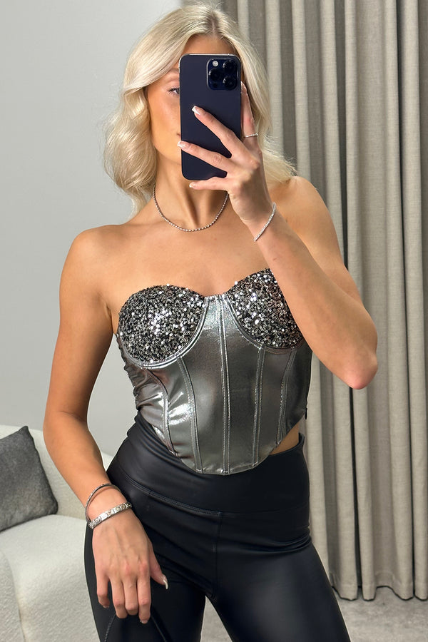Arlene Silver Sequin Metallic Corset Top