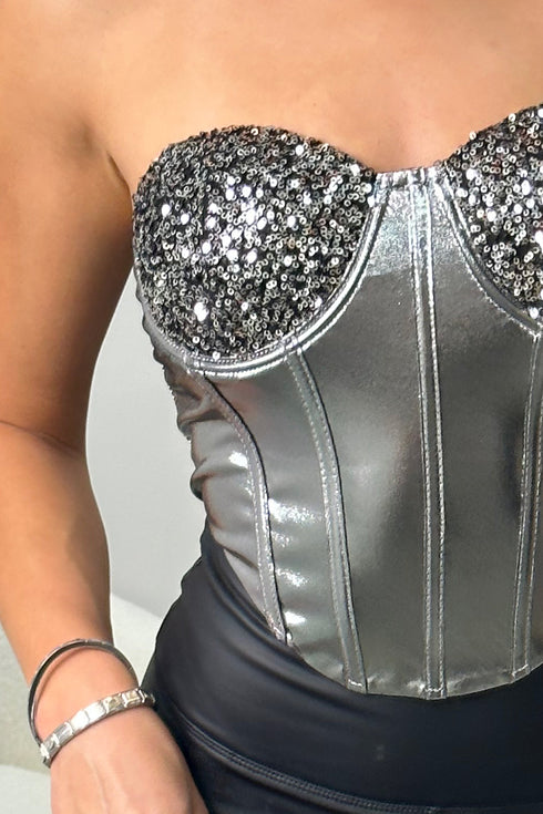Arlene Silver Sequin Metallic Corset Top