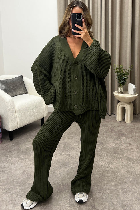 Mandi Khaki Ribbed Knit Cardigan and Trousers Loungewear Set