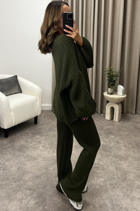 Mandi Khaki Ribbed Knit Cardigan and Trousers Loungewear Set