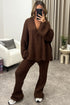 Mandi Brown Ribbed Knit Cardigan and Trousers Loungewear Set