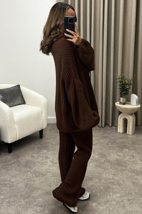Mandi Brown Ribbed Knit Cardigan and Trousers Loungewear Set