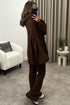 Mandi Brown Ribbed Knit Cardigan and Trousers Loungewear Set