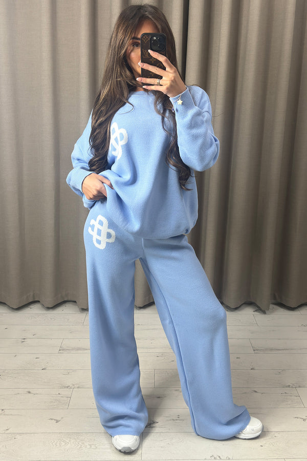 Lison Blue Knitted Loungewear Set with Contrasting Emblem