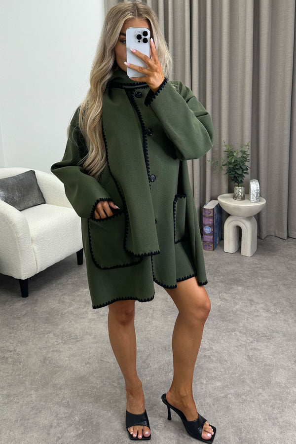 Kandice Khaki Wool Look Contrasting Trim Scarf Tailored Coat