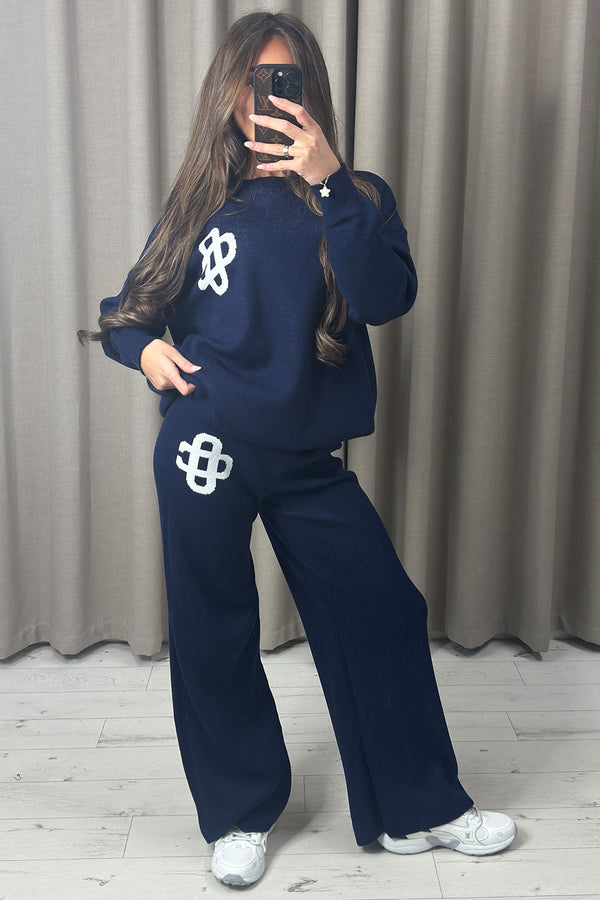 Lison Navy Knitted Loungewear Set with Contrasting Emblem