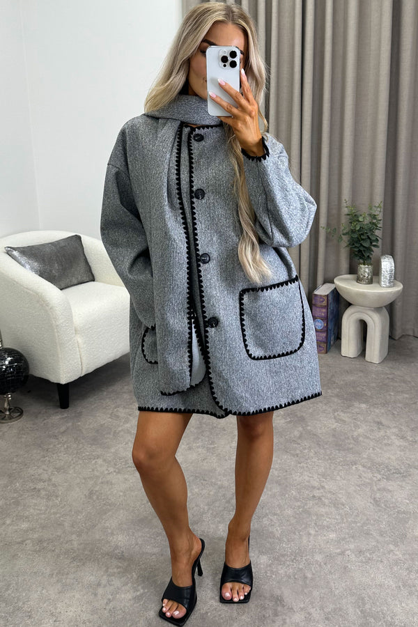 Kandice Grey Wool Look Contrasting Trim Scarf Tailored Coat