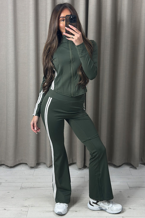 Gillie Khaki Two Piece Side Stripe Gym Set