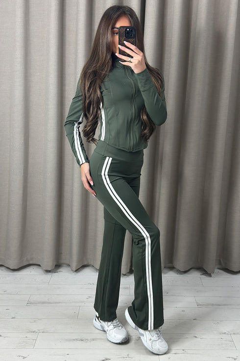 Gillie Khaki Two Piece Side Stripe Gym Set