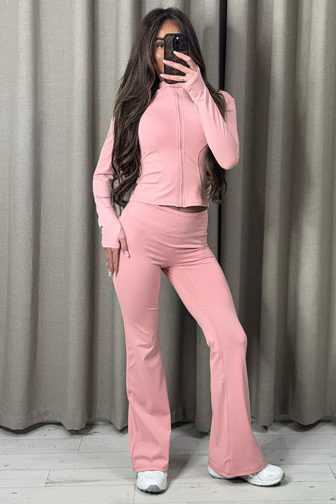 Carla Pink Zip Up Jacket and Ruched Flared Leggings Gym Set