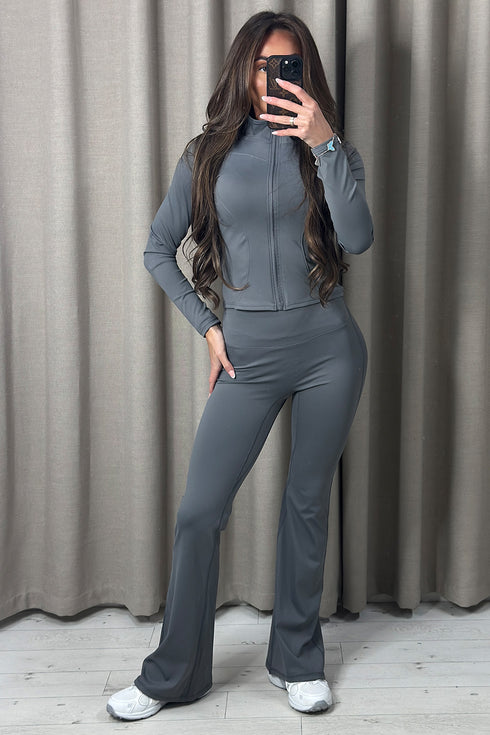 Carla Charcoal Zip Up Jacket and Ruched Flared Leggings Gym Set