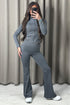 Carla Charcoal Zip Up Jacket and Ruched Flared Leggings Gym Set