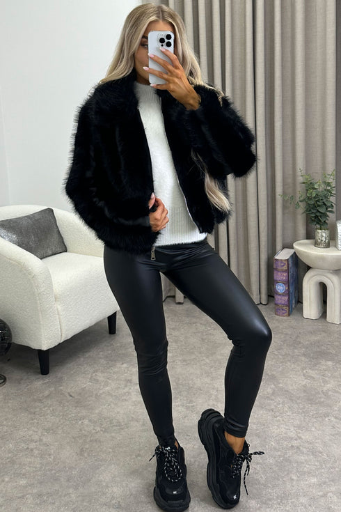 Gerta Black Faux Leather PU Faux Fur Zip Up Jacket