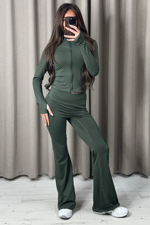 Carla Khaki Zip Up Jacket and Ruched Flared Leggings Gym Set