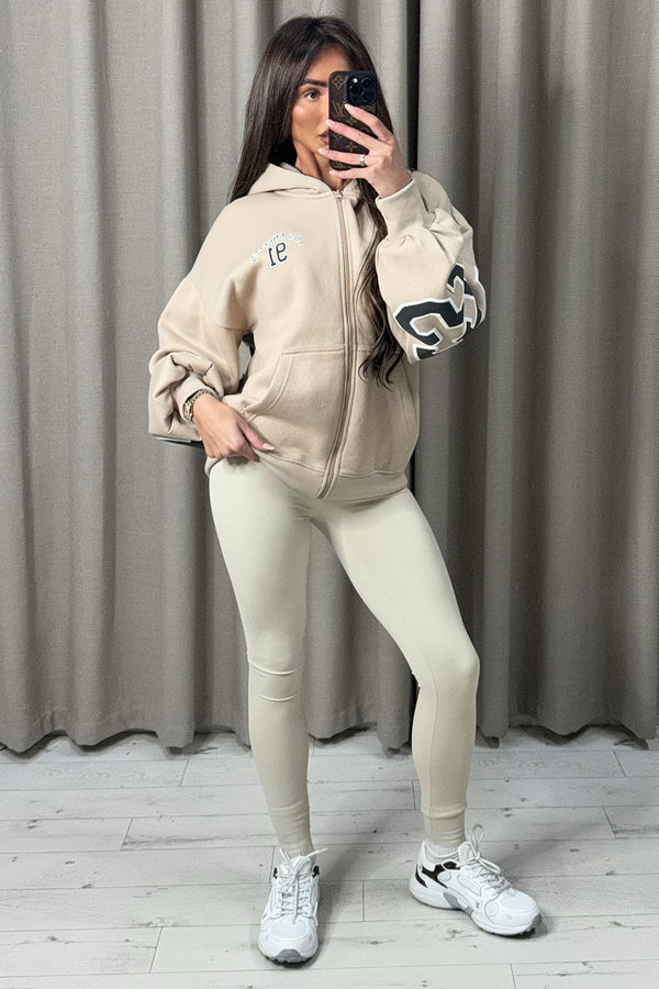 Jasmin Beige Zip Up Los Angeles Slogan Hoodie