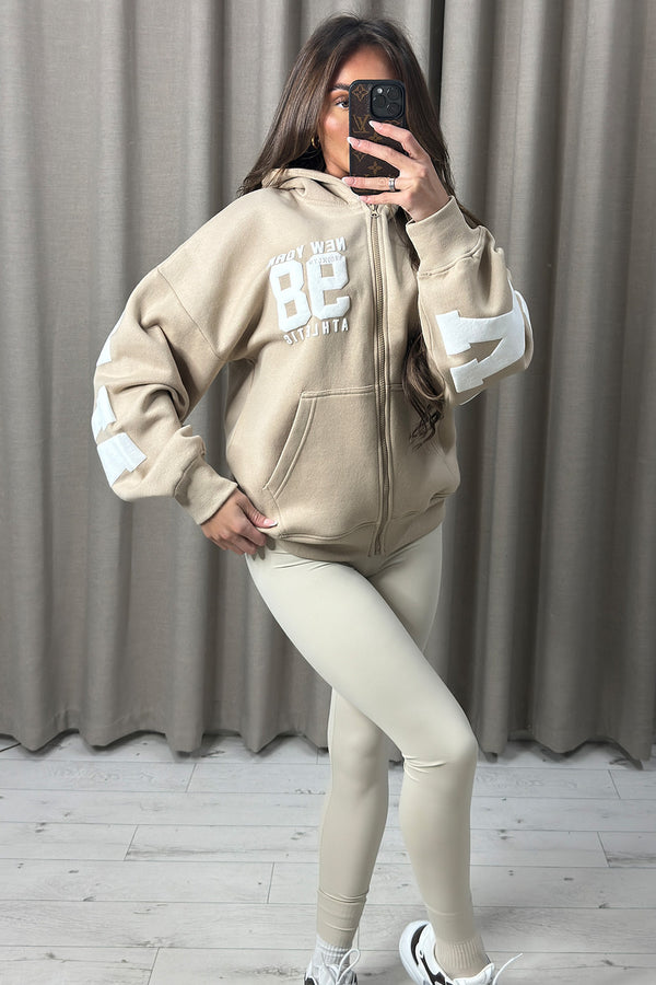Tonia Beige New York Slogan Zip Up Hoodie