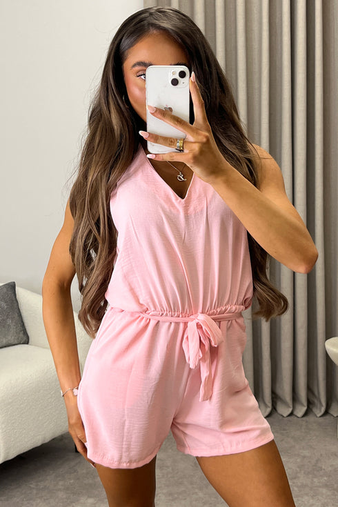 Elaney Light Pink V Neck Sleeveless Tie Back Belted Playsuit