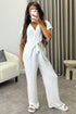 Anny White Short Sleeve V Neck Plunge Belted Jumpsuit
