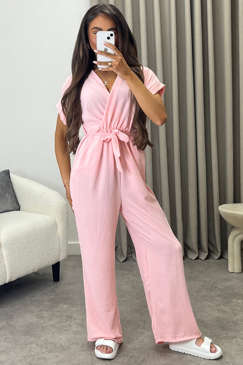 Anny Baby Pink Short Sleeve V Neck Plunge Belted Jumpsuit