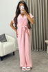 Anny Baby Pink Short Sleeve V Neck Plunge Belted Jumpsuit