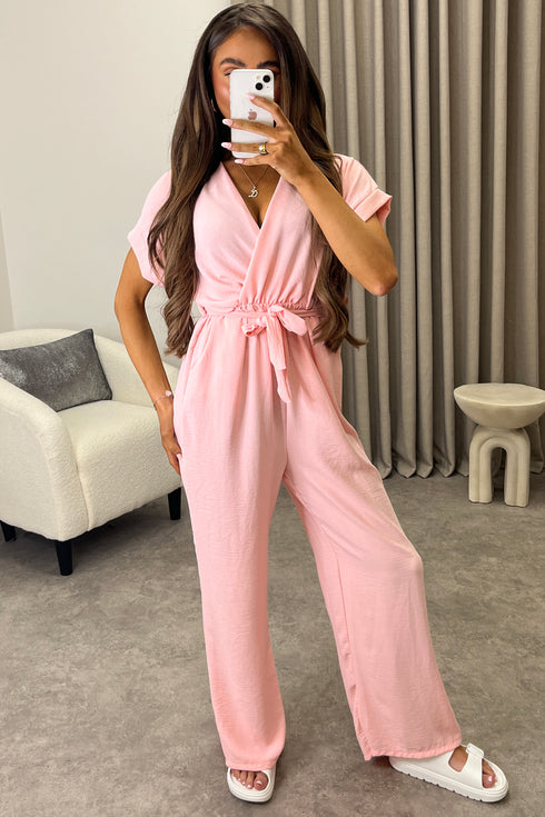 Anny Baby Pink Short Sleeve V Neck Plunge Belted Jumpsuit