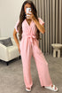 Anny Baby Pink Short Sleeve V Neck Plunge Belted Jumpsuit