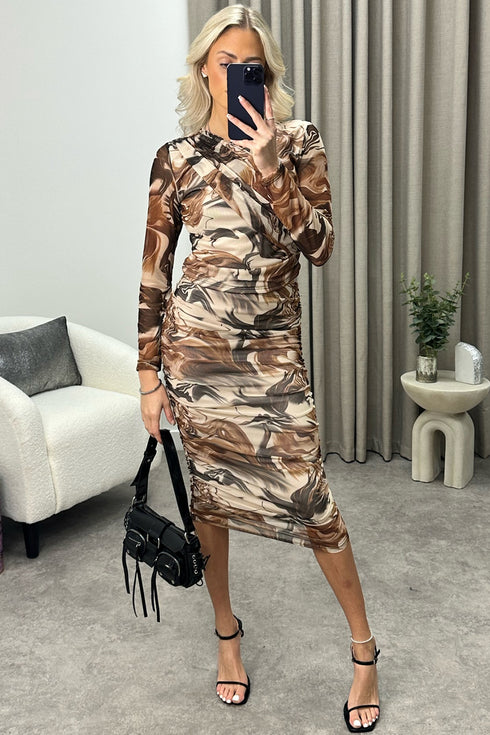 Sima Beige Marble Print Mesh Ruched Top and Midi Skirt Co-Ord Set