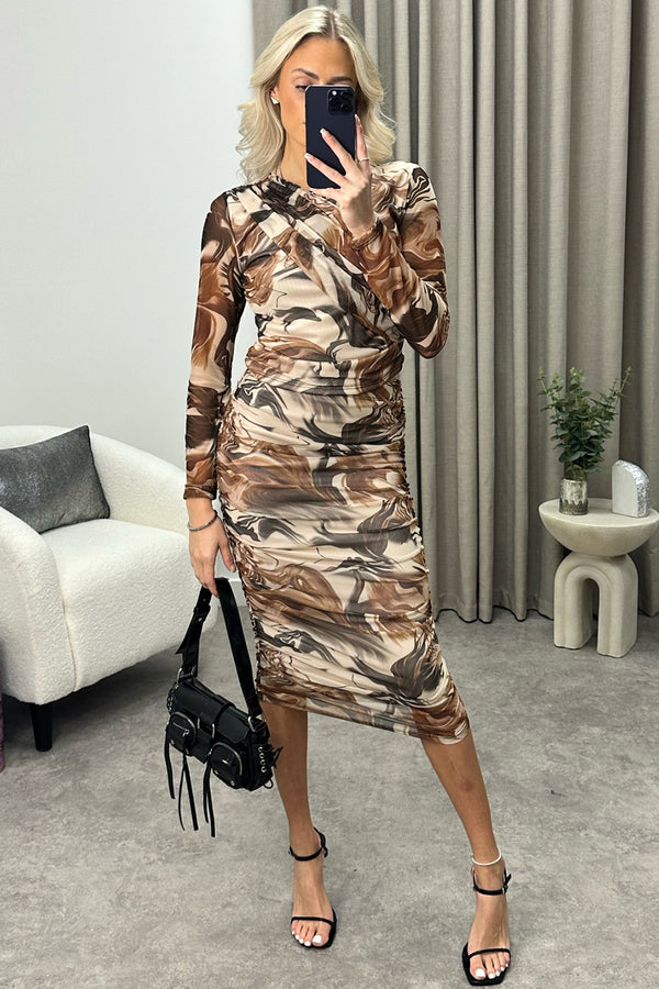 Sima Beige Marble Print Mesh Ruched Top and Midi Skirt Co-Ord Set