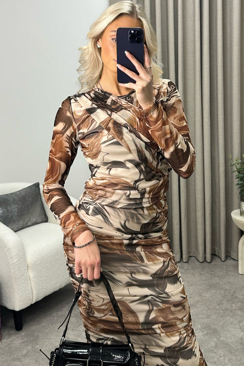 Sima Beige Marble Print Mesh Ruched Top and Midi Skirt Co-Ord Set