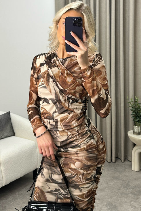 Sima Beige Marble Print Mesh Ruched Top and Midi Skirt Co-Ord Set