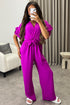 Keley Purple Frill Sleeve V Neck Plunge Belted Jumpsuit